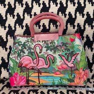 RARE VINTAGE ISABELLA FIORE PINK FLAMINGOS Beaded Purse Satchel Handbag